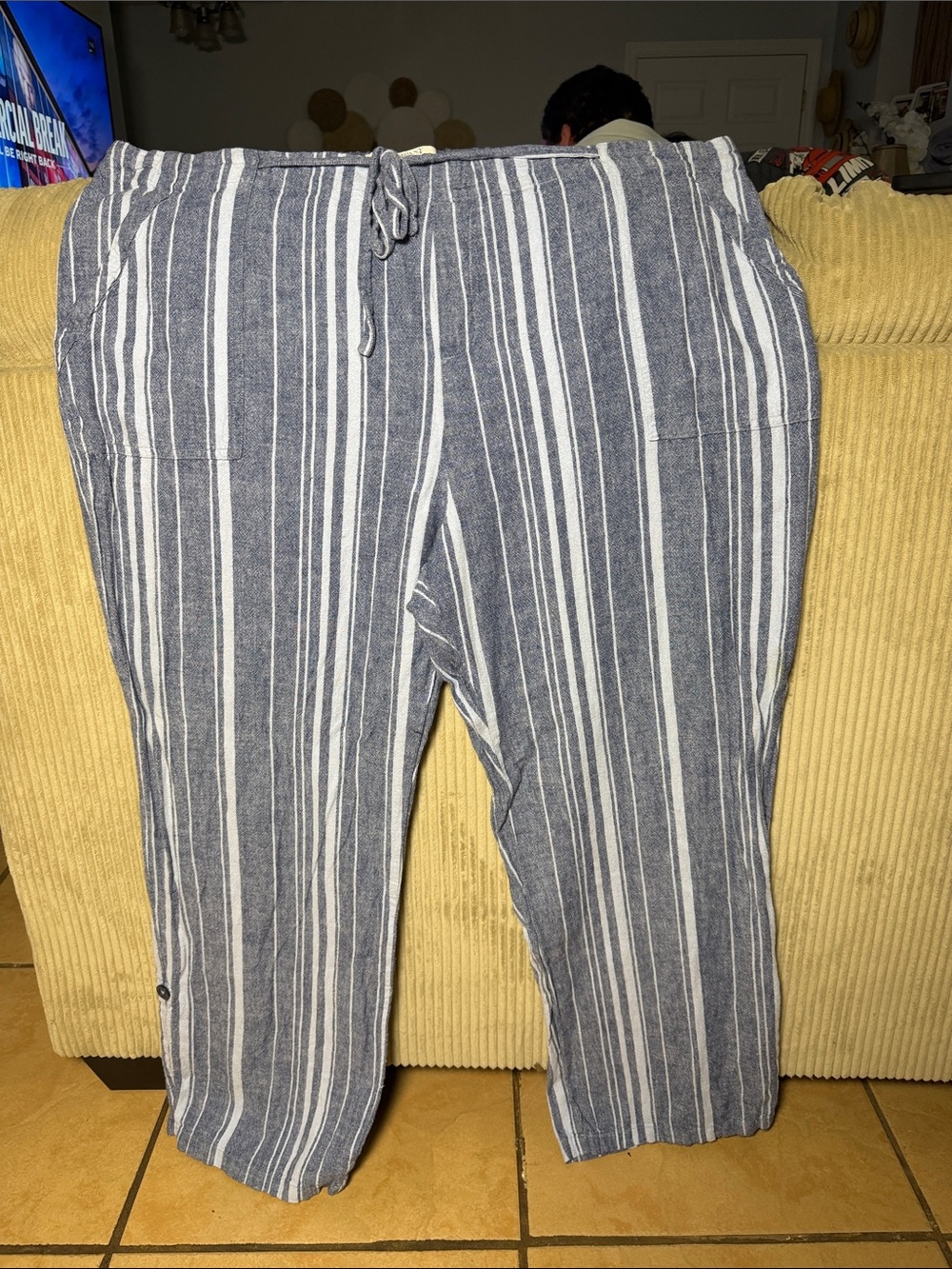 Ellen Tracy Navy and White Striped Drawstring Joggers
